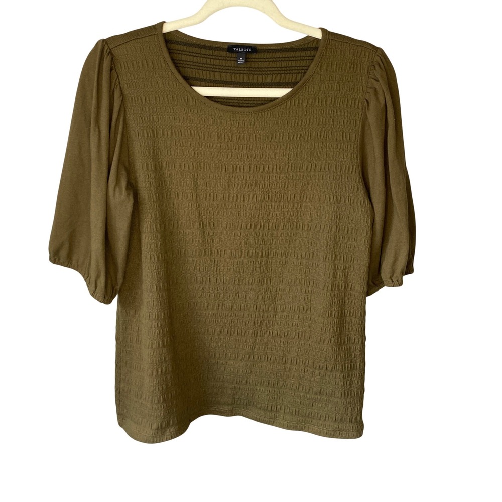 Talbots Olive Green Textured Puff Sleeve Scoop Neck Top Womens Size M